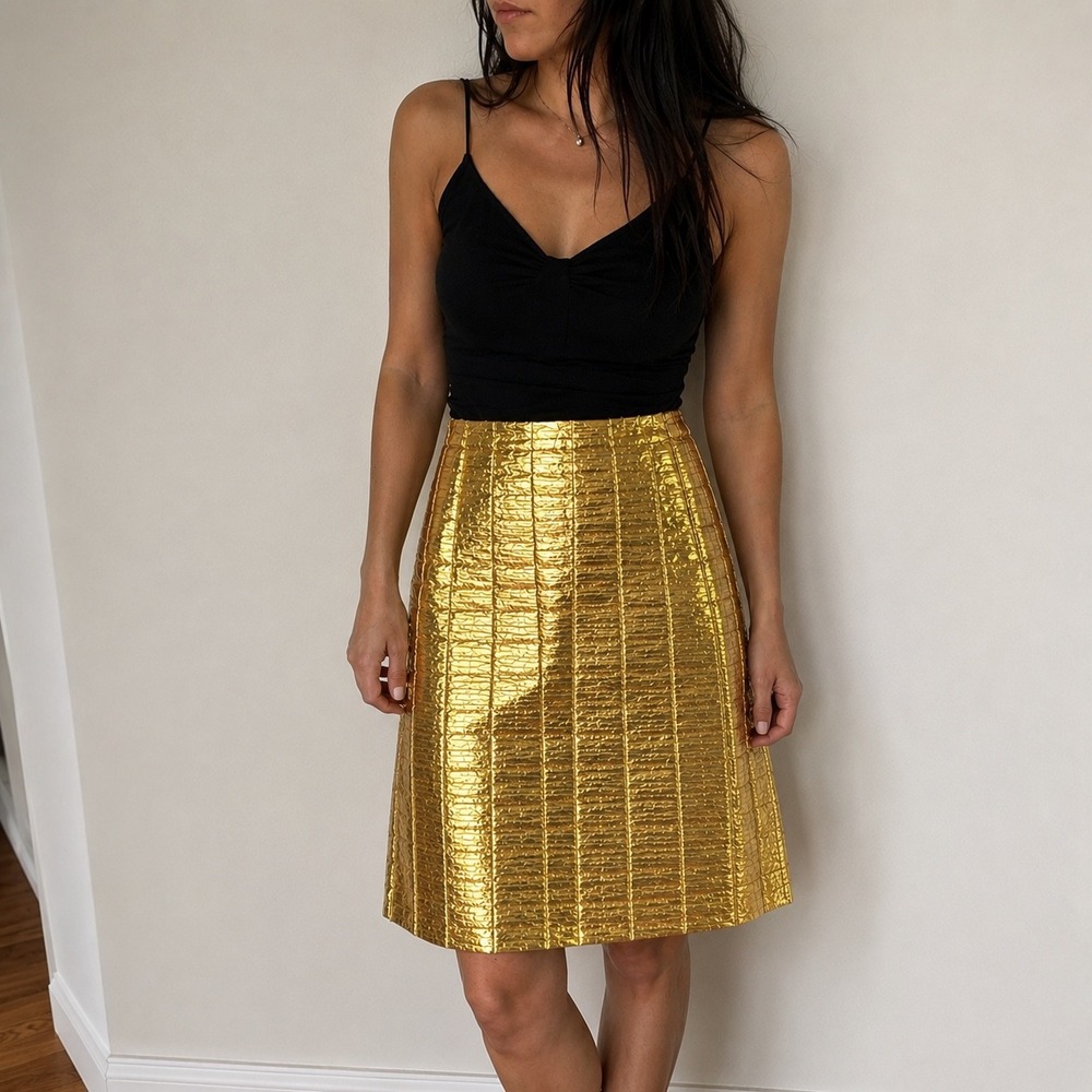 Tibi Gold Metallic Croc Embossed Midi Skirt Small Futuristic Space Age Cyber